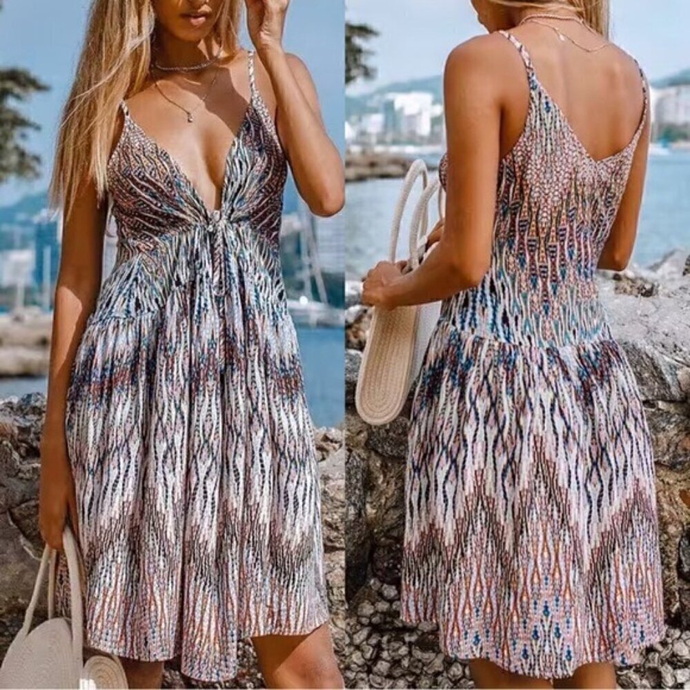NWT Blue Black Boho Print Bathing Suit Coverup V Neck Mini Dress Size Small